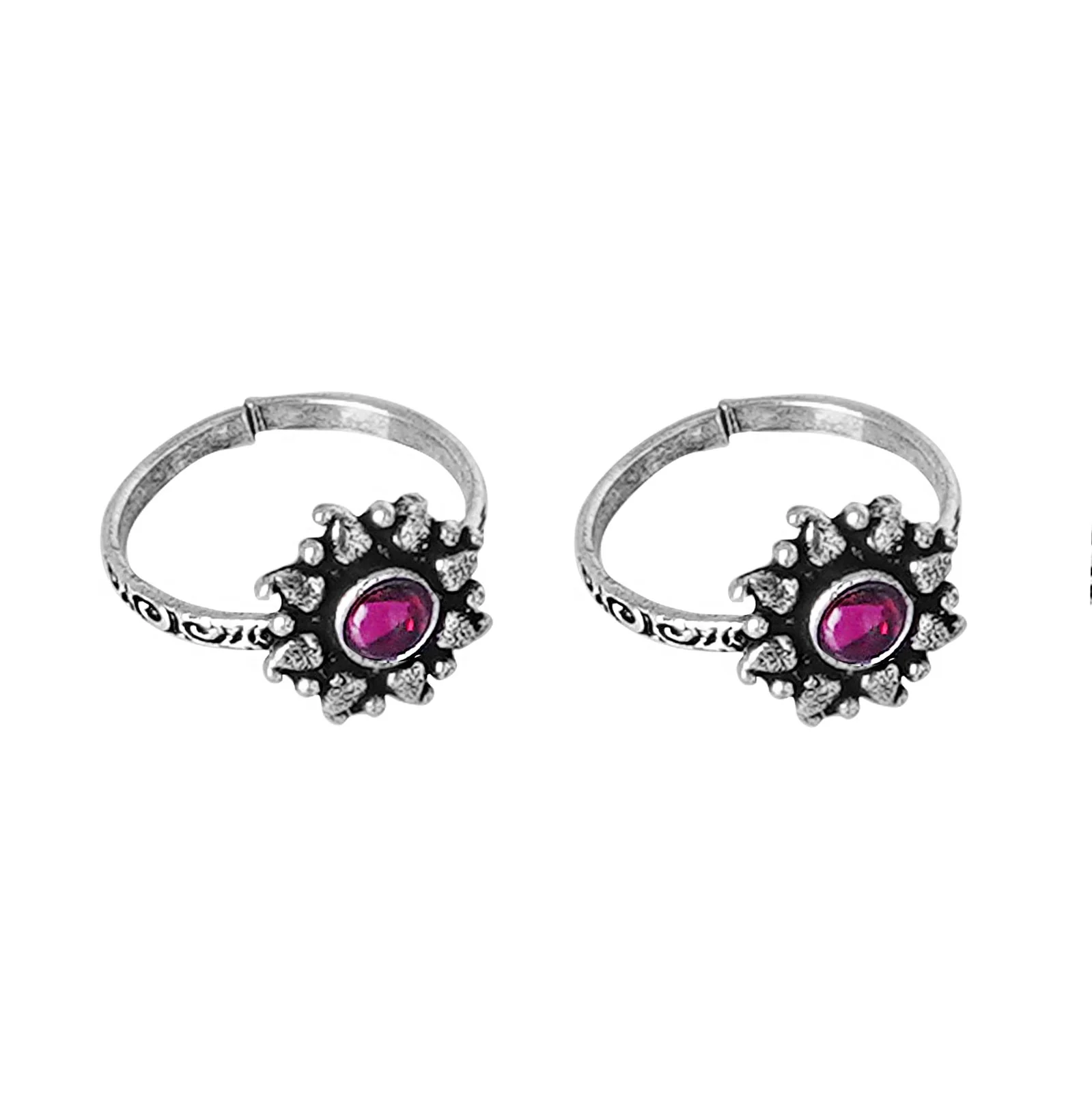 Teejh Miraya Pink Stone Silver Oxidised Toe Rings - Image 5