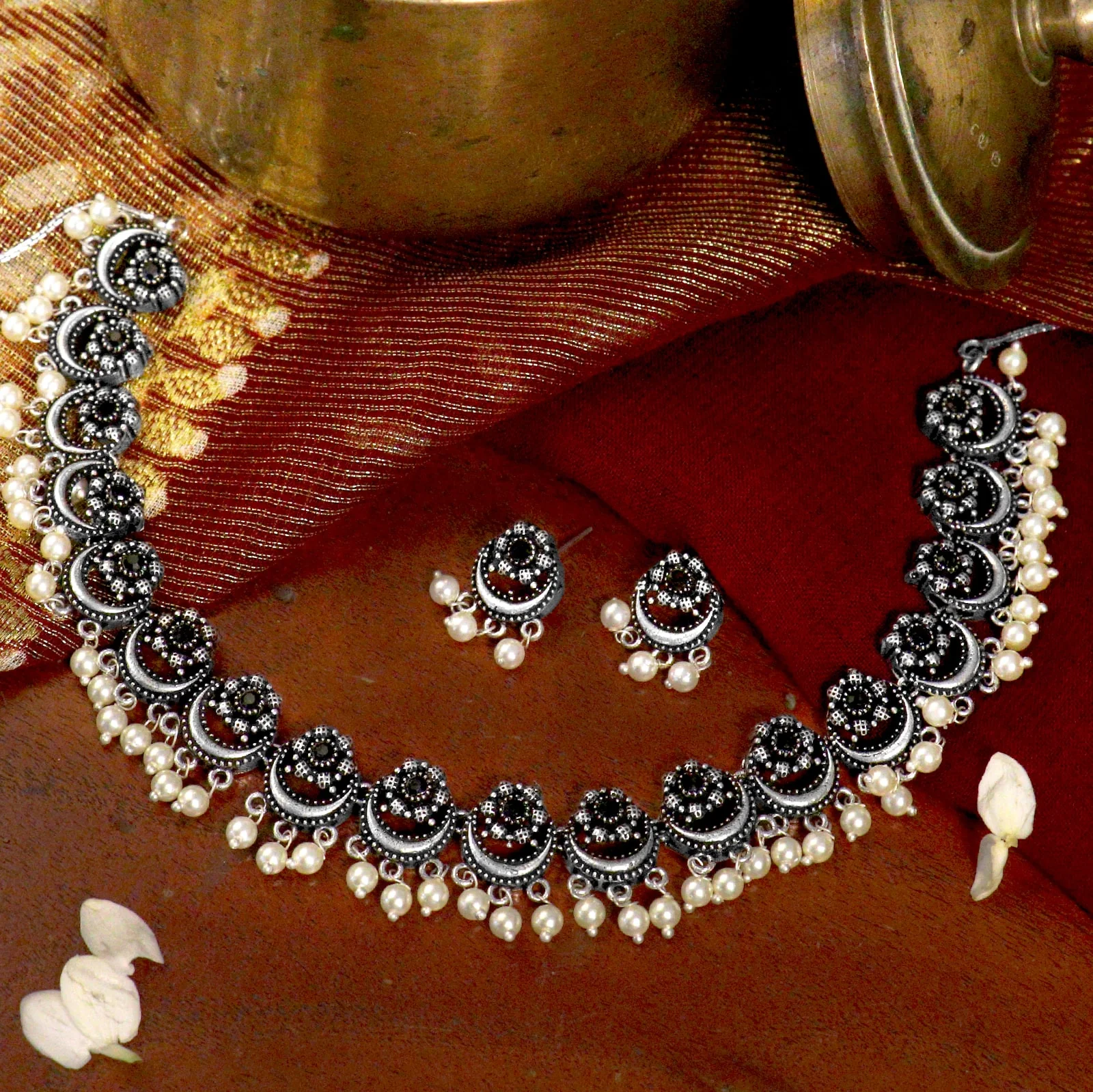 Rupa Black Stone Silver Oxidized Floral Necklace Set