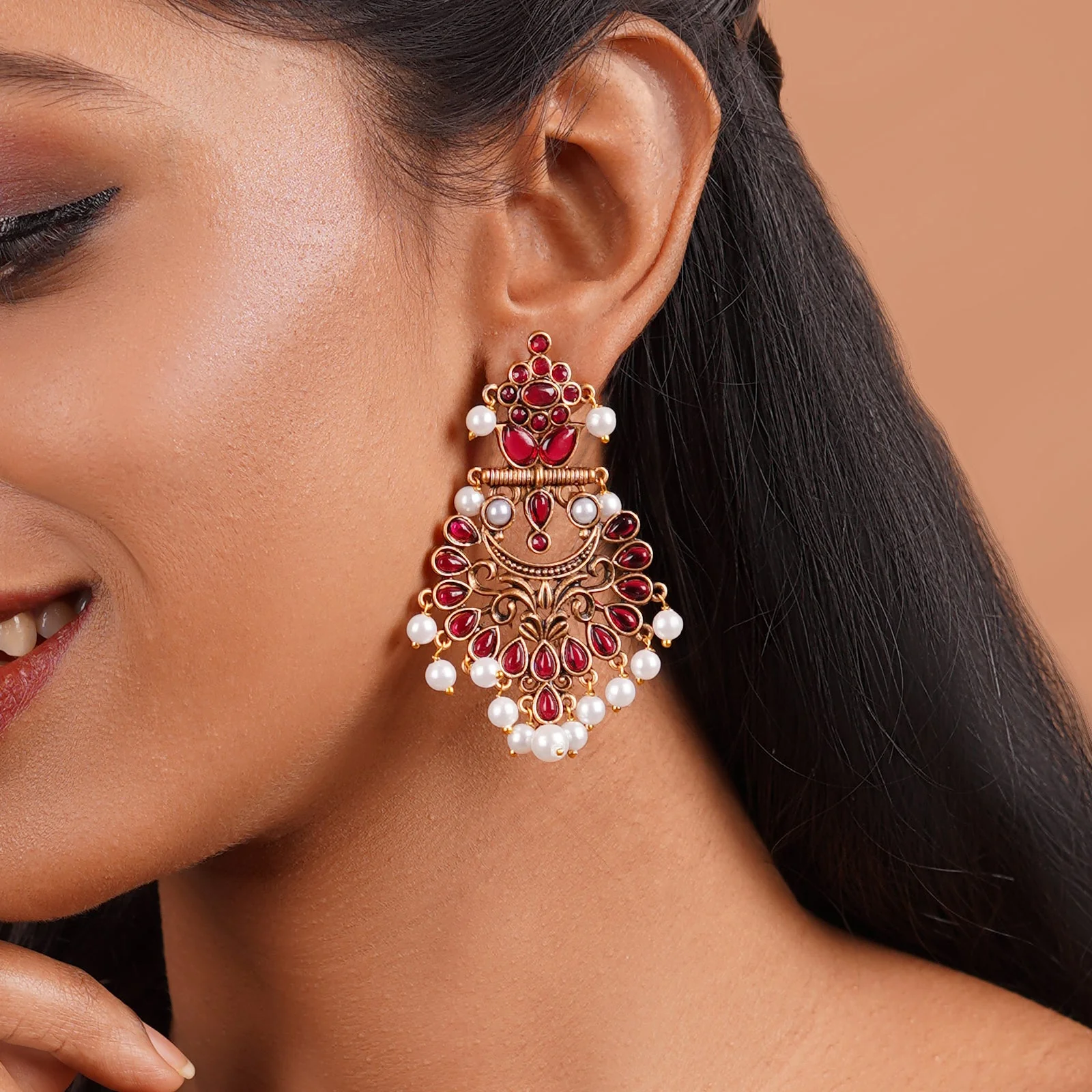 Teejh Rutuja Magenta Gold Enamel Earrings - Image 2
