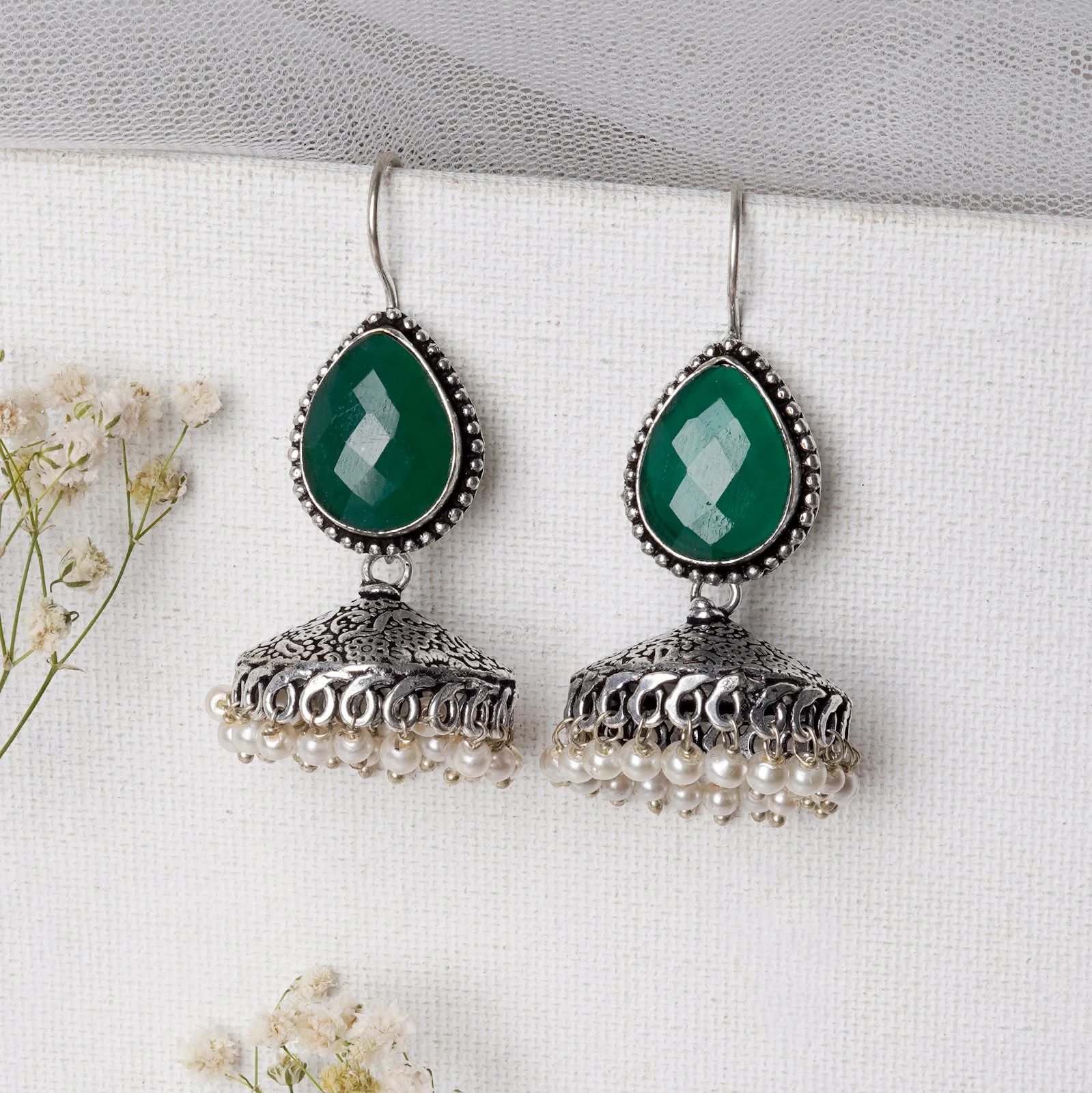 Teejh Sahasra Green Stone Silver Oxidised Earrings