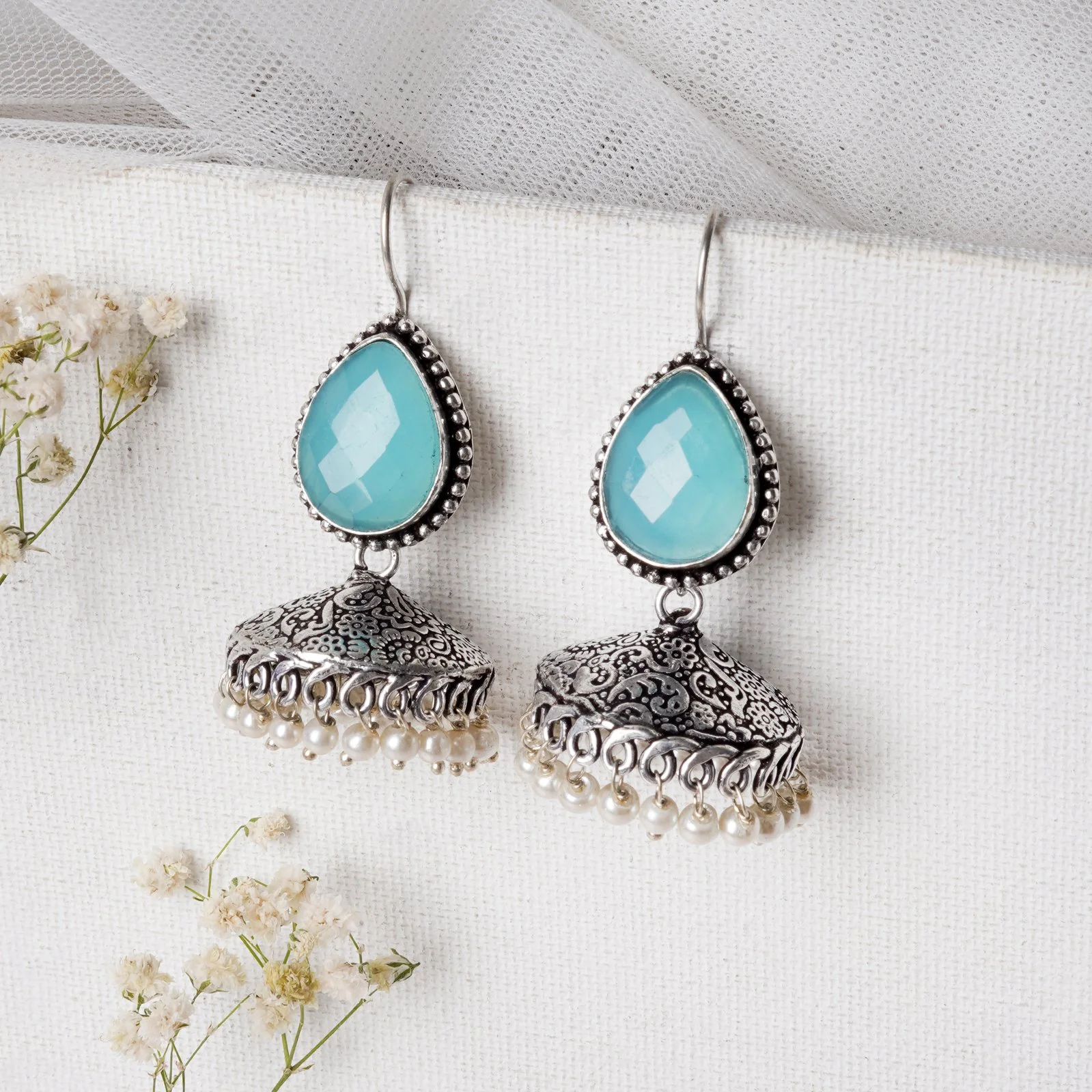 Teejh Sahasra Light Blue Stone Silver Oxidised Earrings