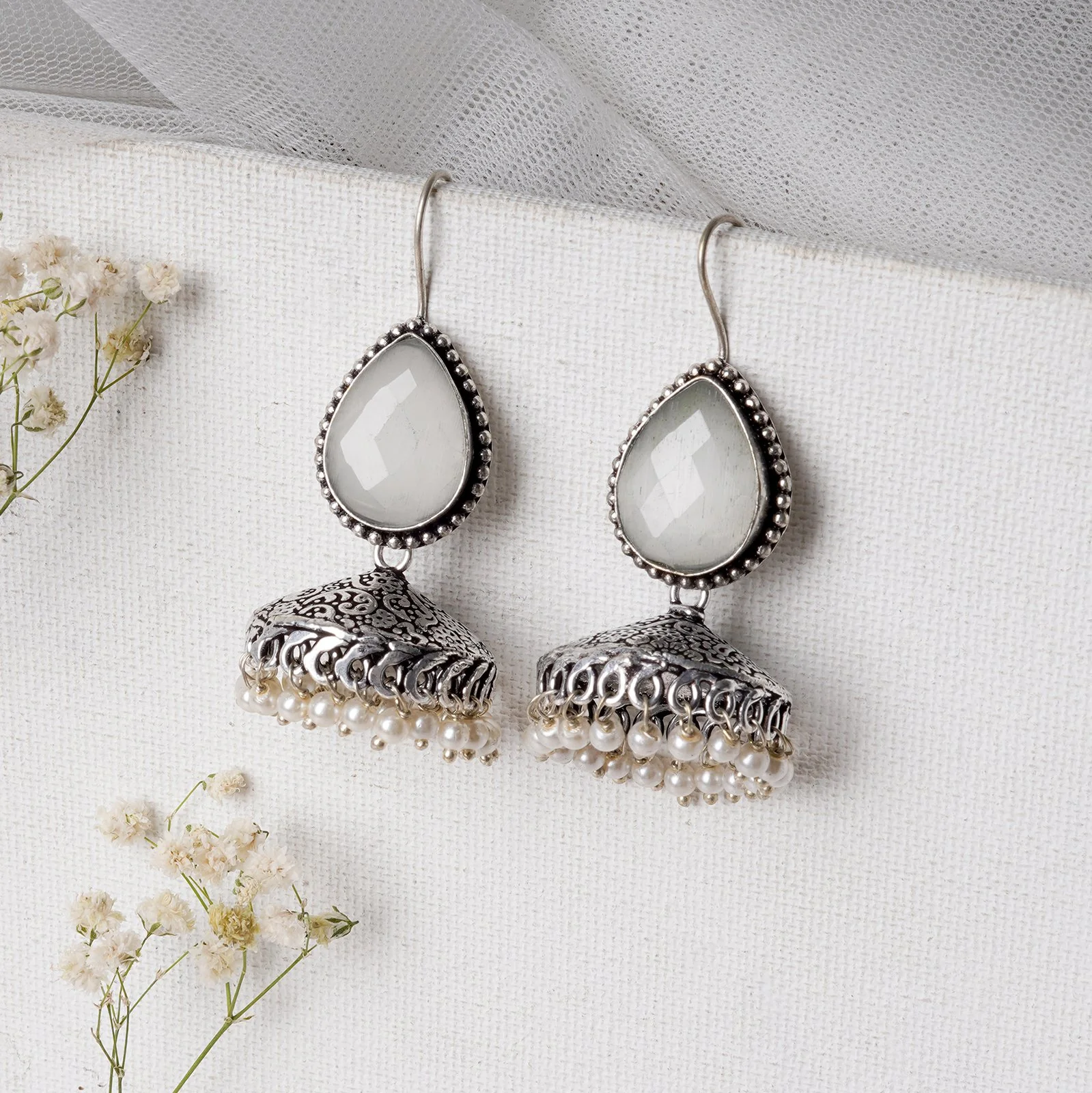 Teejh Sahasra White Stone Silver Oxidised Earrings