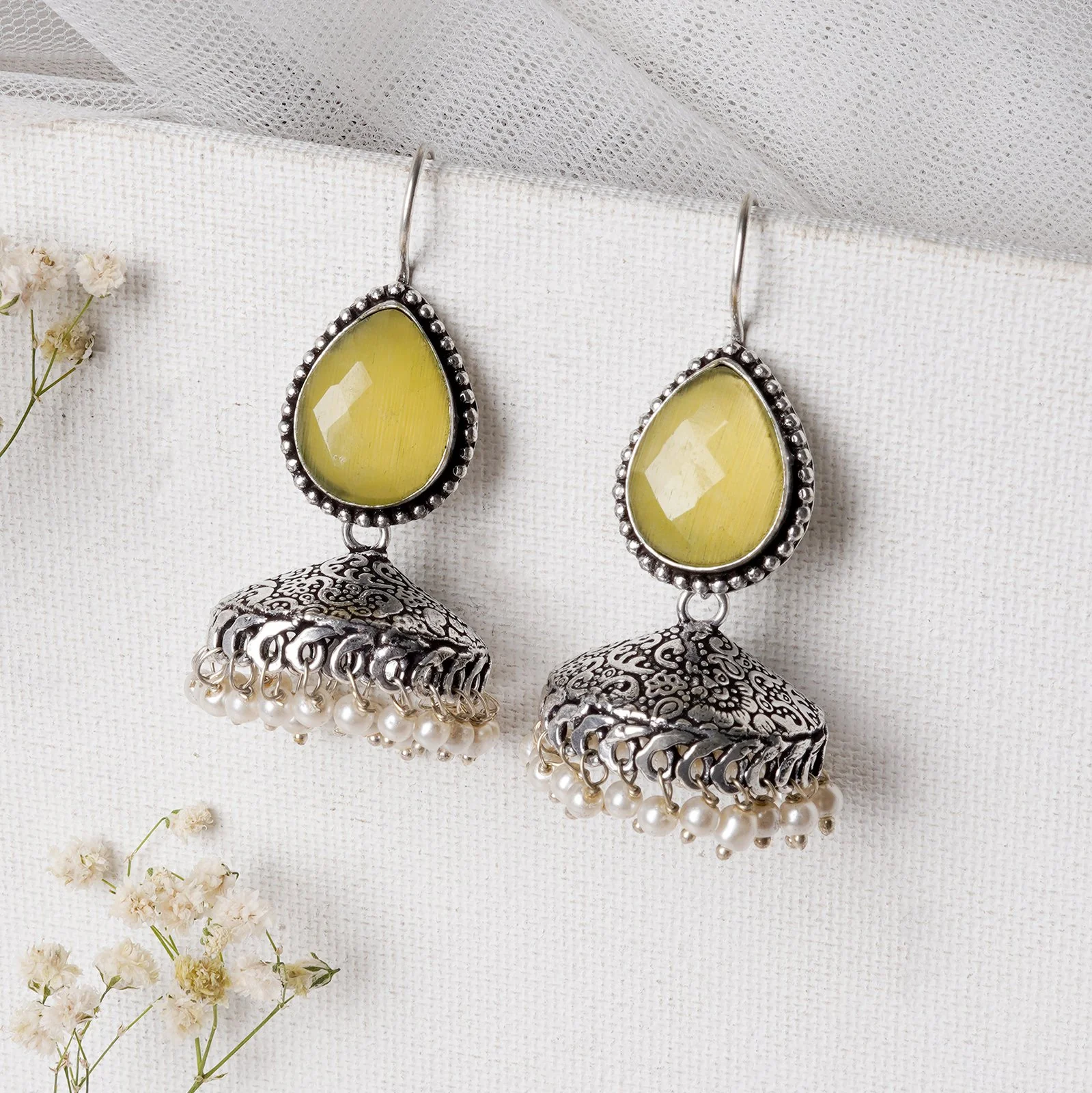 Teejh Sahasra Yellow Stone Silver Oxidised Earrings