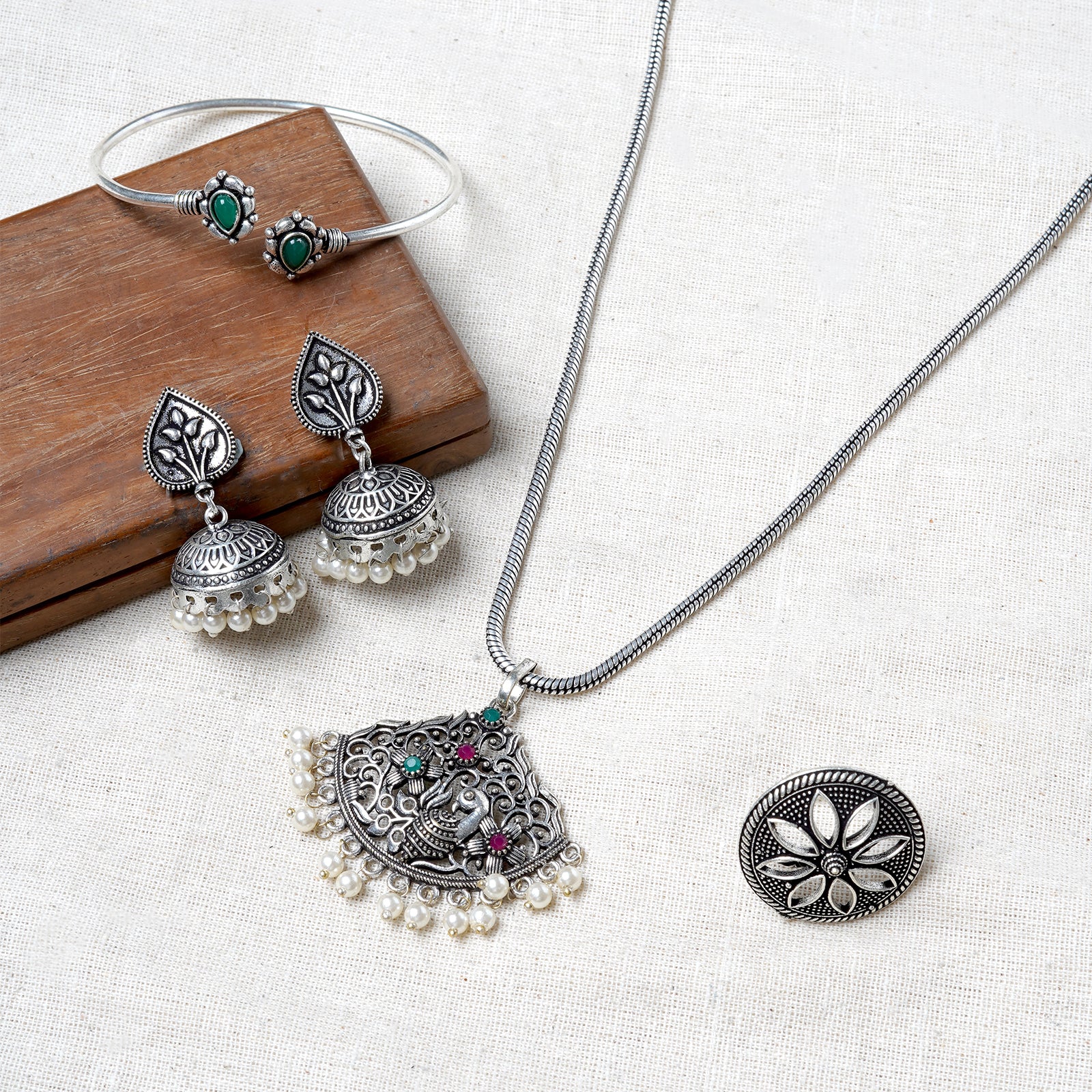 Teejh Shaila Silver Oxidised Multicolored Stone Jewelry Gift Set