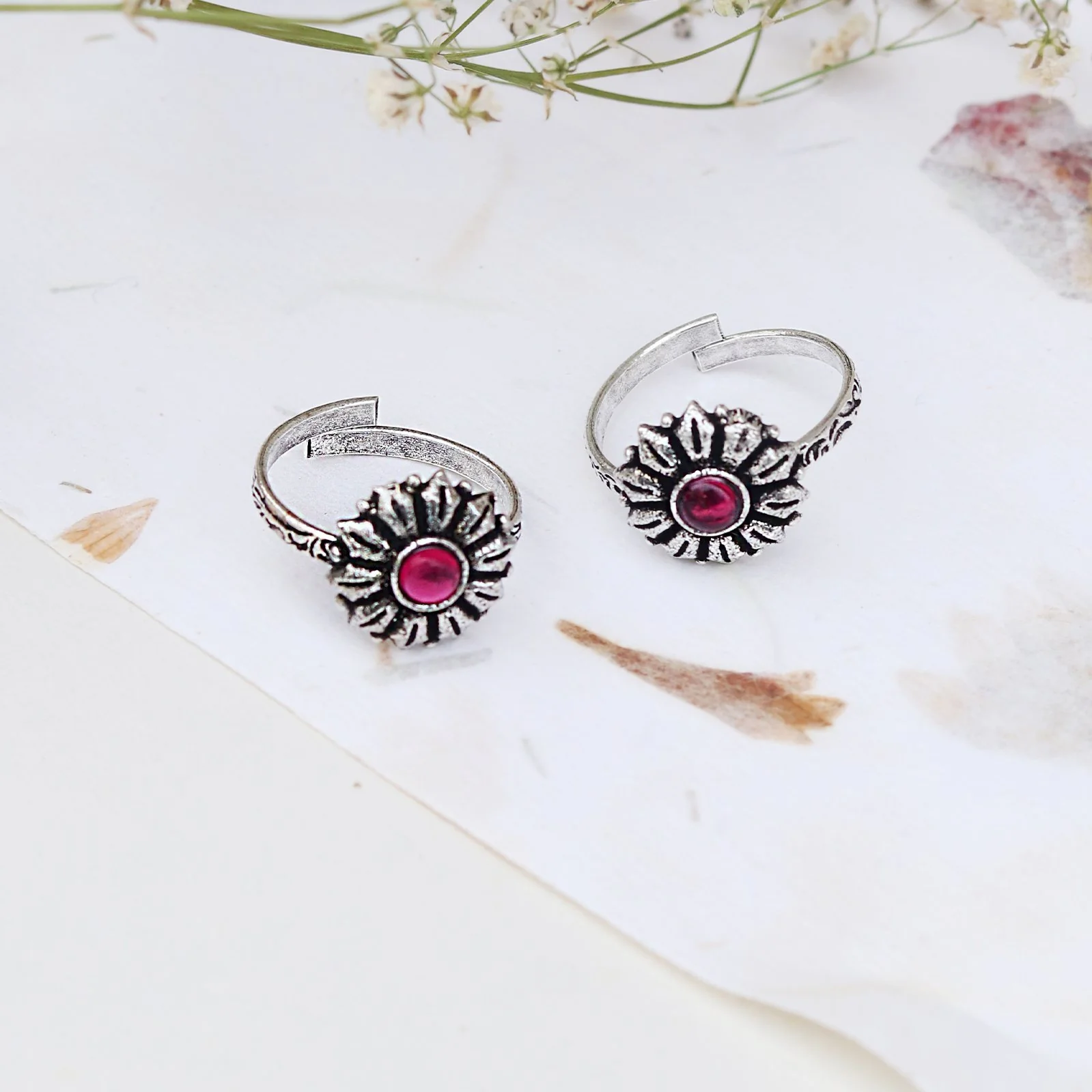 Teejh Siya Pink Stone Silver Oxidised Toe Rings