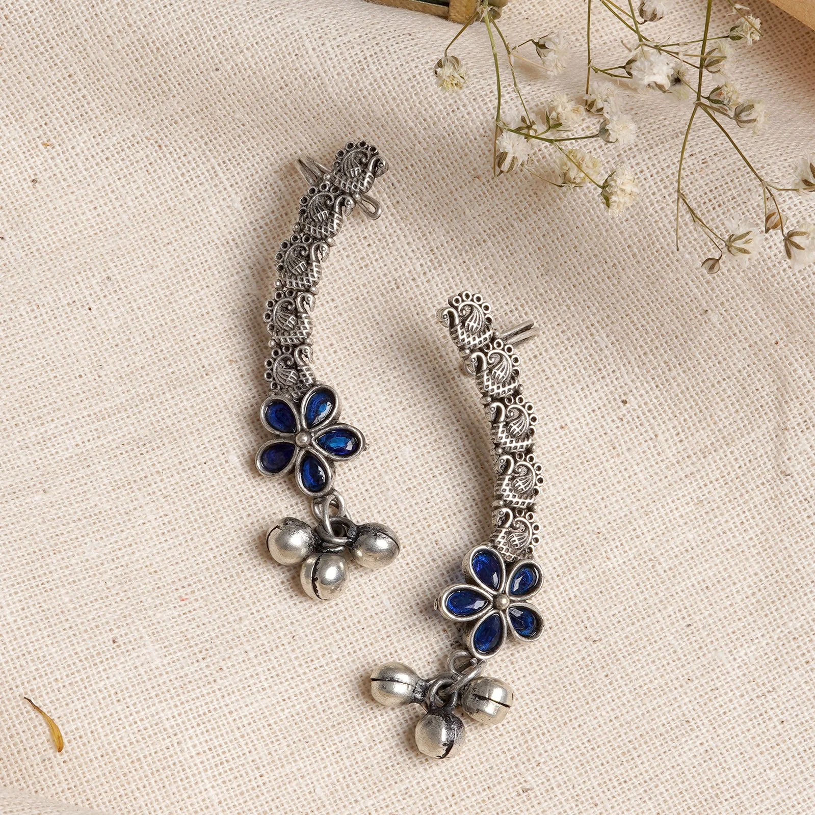 Teejh Viha Silver Oxidised Blue Floral Earcuff