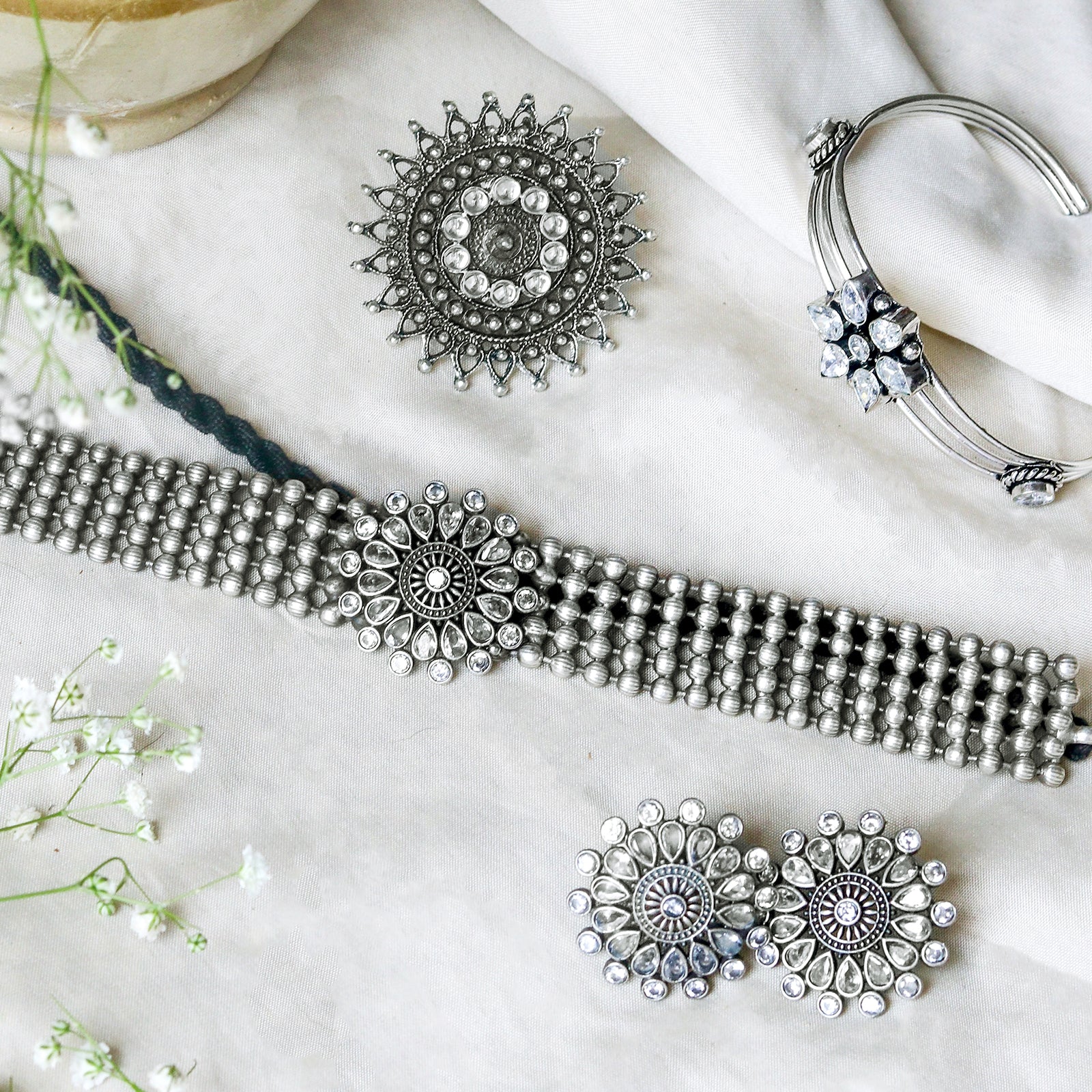Teejh Zuri White Stone Silver Oxidized Jewellery Gift Set