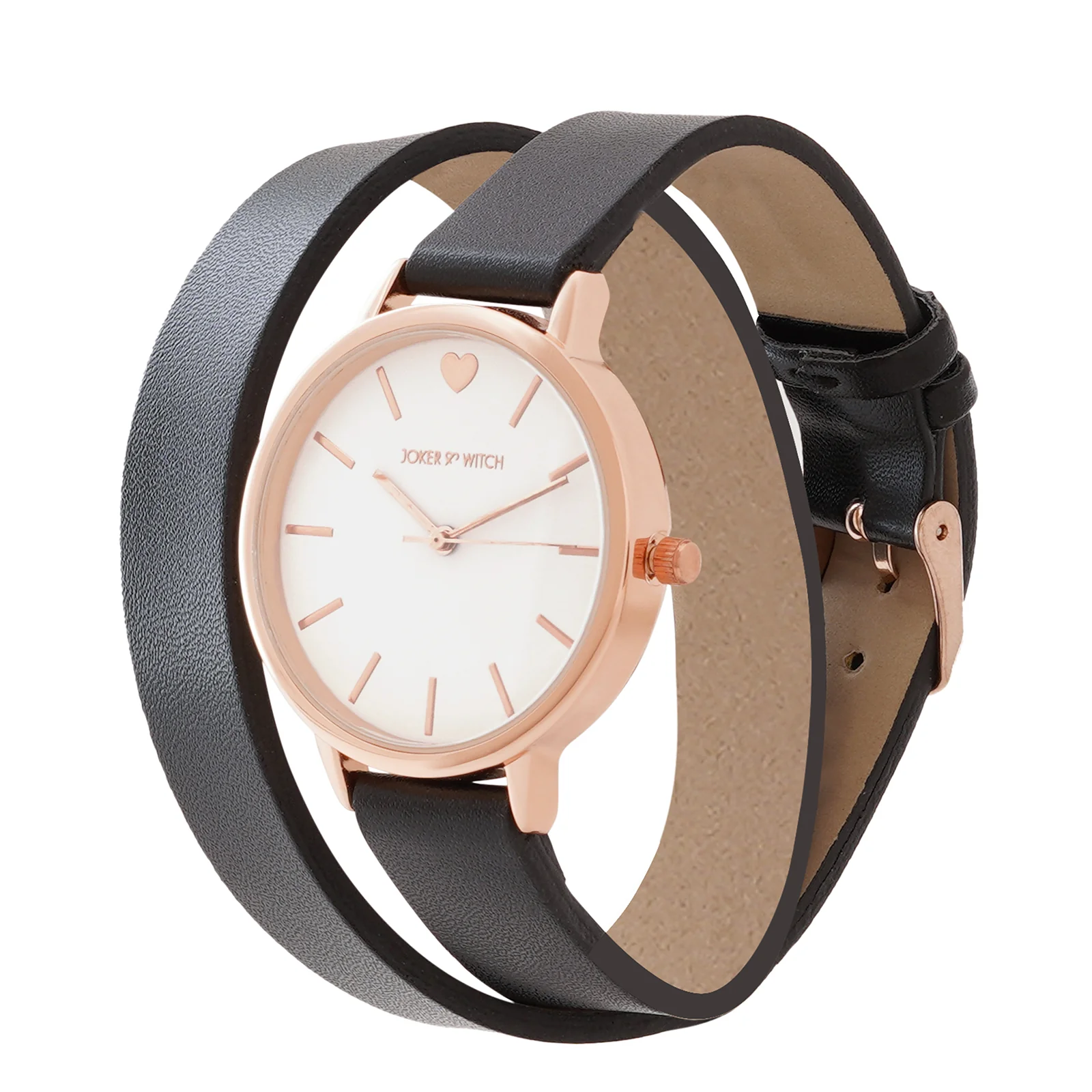 Twelve O'Heart Rose Gold White Medium Dial Black PU Wrap Around Strap Women's Watch - Image 4