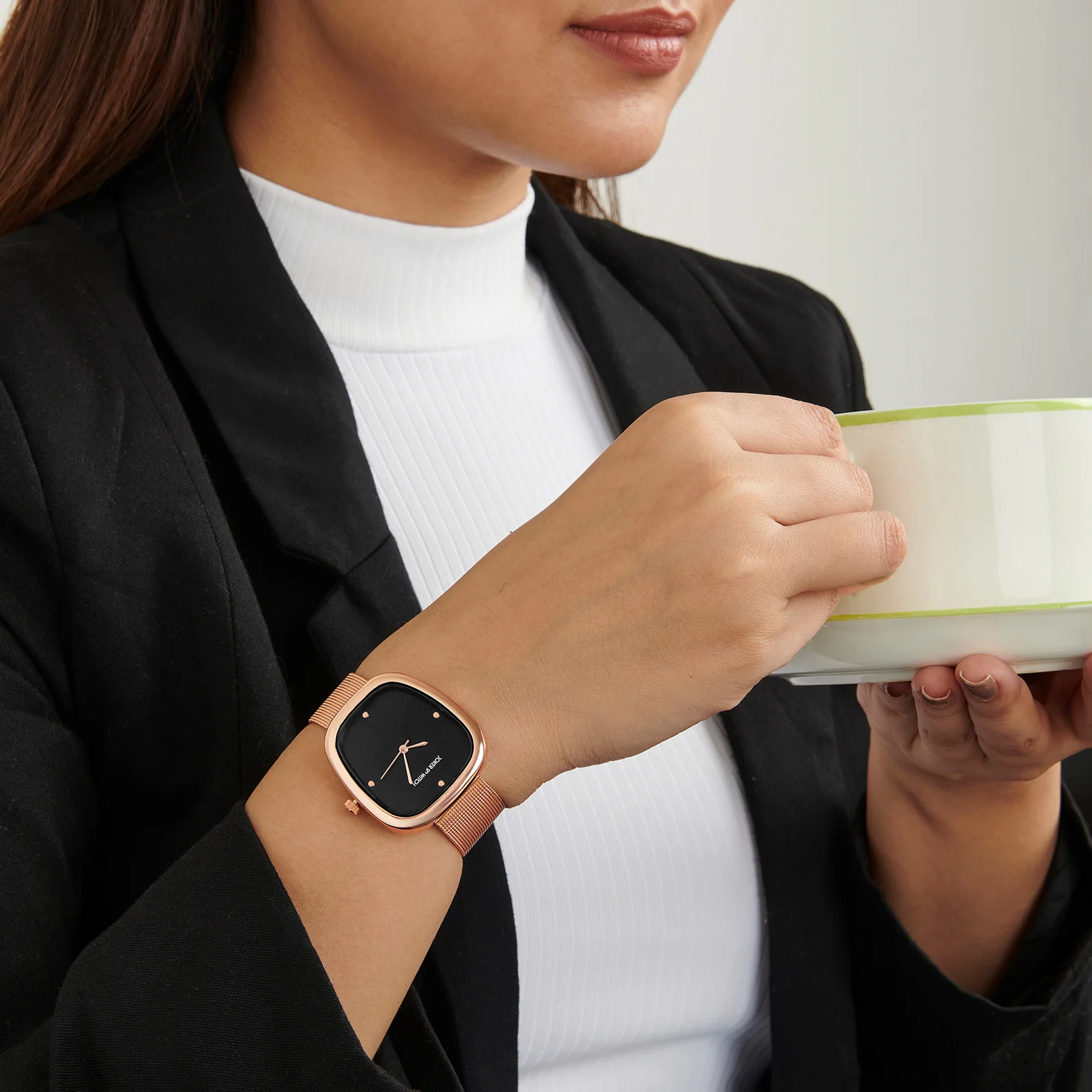 Verity Black Medium Square Dial Rose Gold Mesh Strap Women's Watch