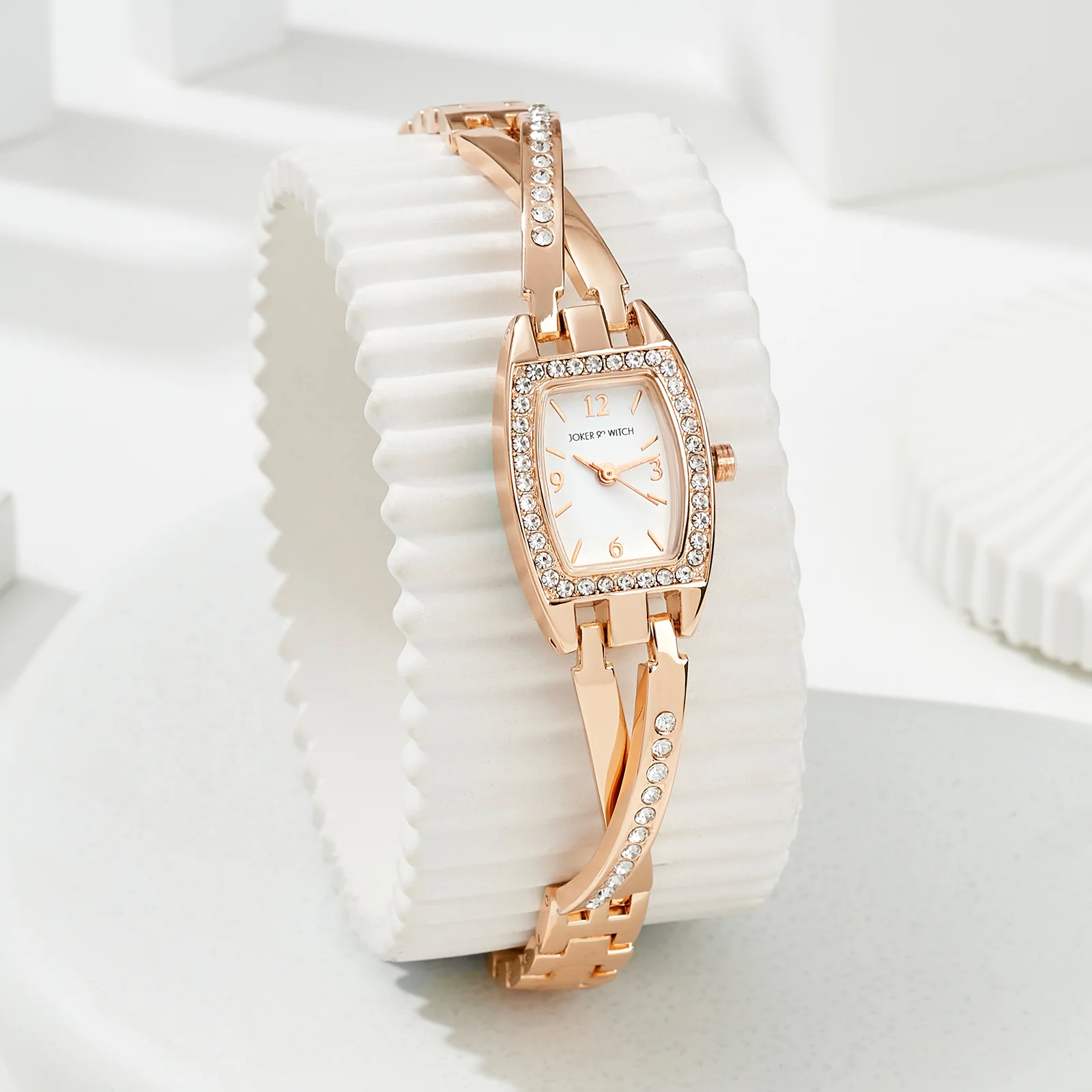 Victoria White Medium Hexagon Rhinestone Dial Rose Gold Linked Chain Strap Women's Watch