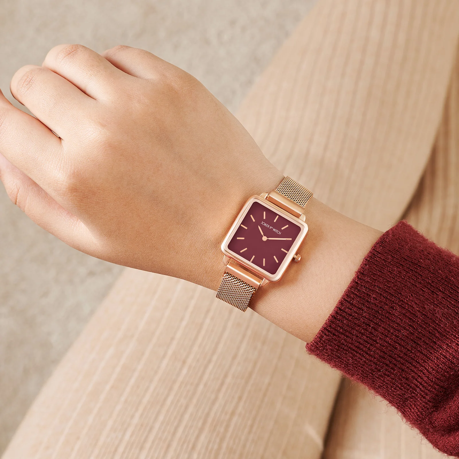 Vintage Maroon Small Square Dial Rose Gold Mesh Strap Women's Watch
